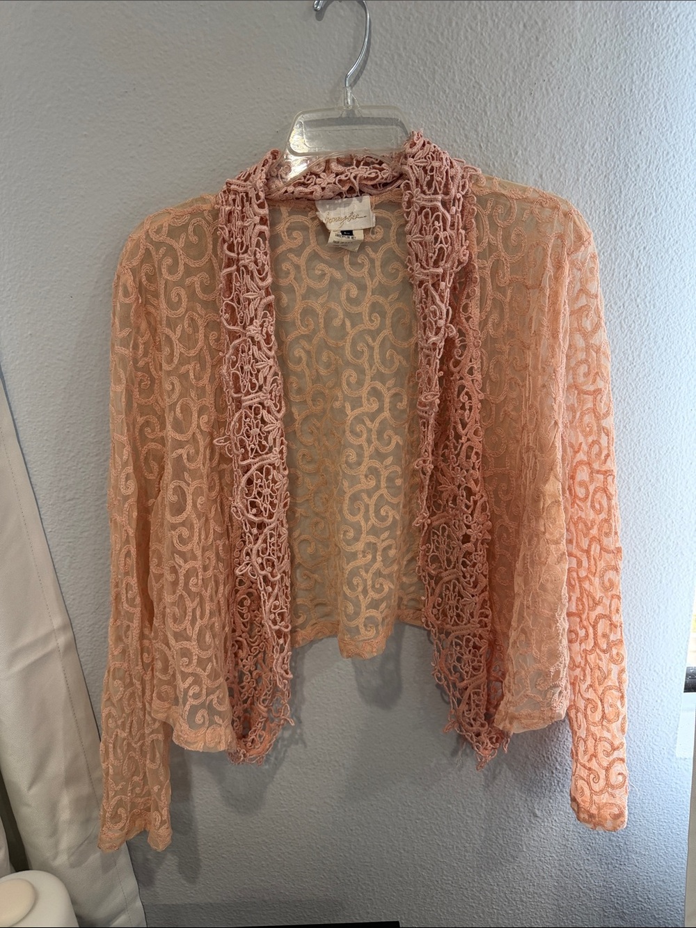 Avon Peach Crochet-Trim Lace Open-Front Shrug